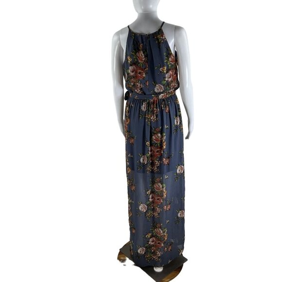 BCX NWT Womens M  Floral Blue Halter Maxi Slit Pleated Dress Belt Sheer Overlay - Picture 2 of 16